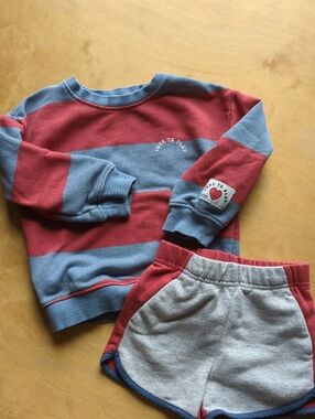 Cat & Jack Red and Blue Striped Sweatshirt + Gray Shorts Matching Set